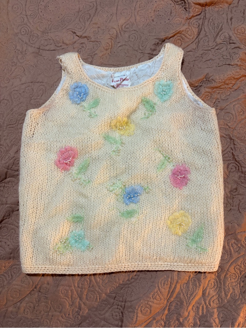 Evan Picone Cream Knit Tank with Pastel Floral Embroidery